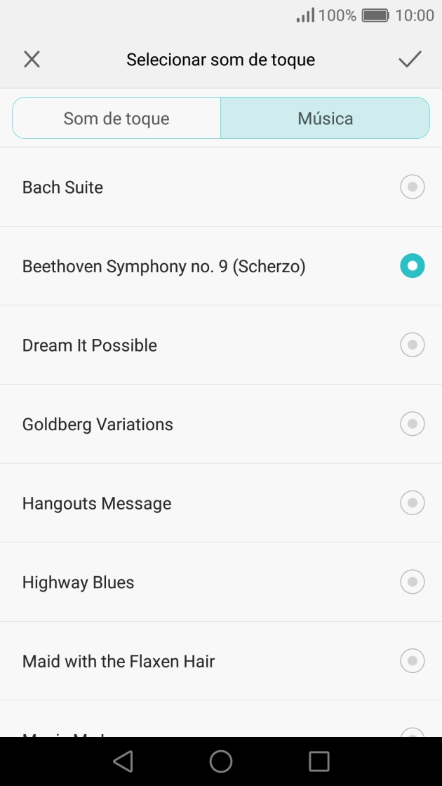 Quando tiver encontrado o tom de toque que pretende, prima o ícone para aceitar.