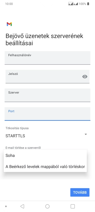 Válaszd a Soha lehetőséget ahhoz, hogy az e-mailek megtalálhatóak legyenek a szerveren, miután a telefonról törölted őket.