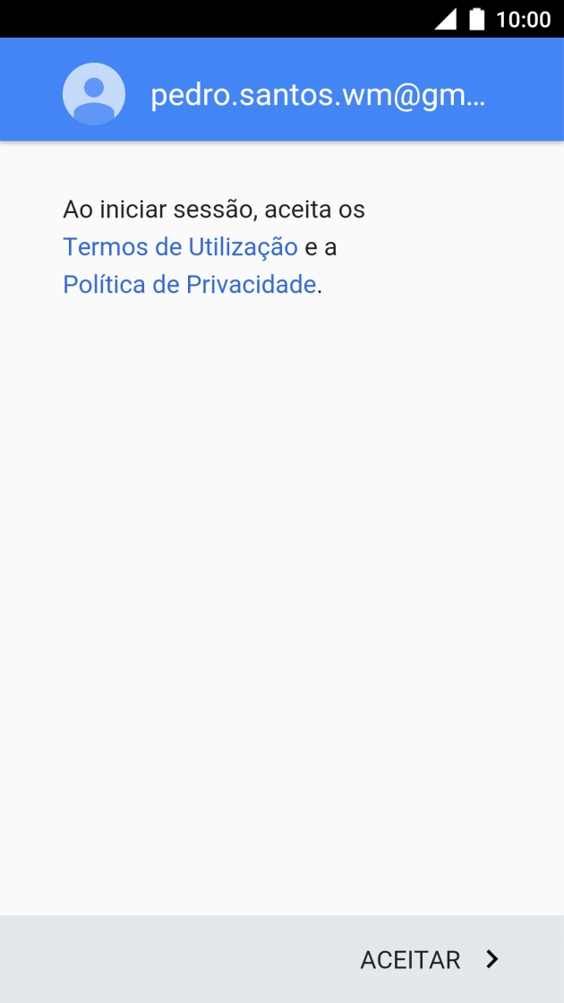 Prima ACEITAR e siga as indicações no ecrã para escolher as definições da conta Google.