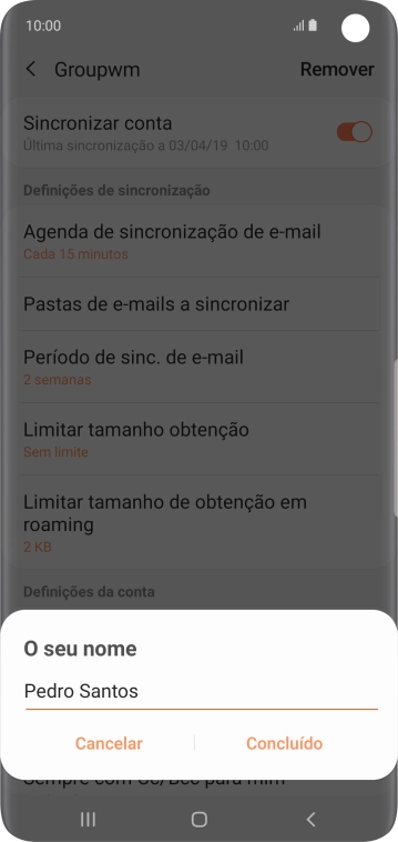 Introduza o nome de remetente e prima Concluído.