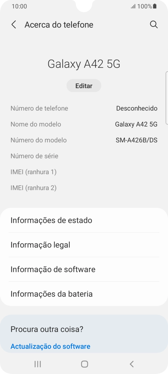 O código IMEI é mostrado no ecrã.
