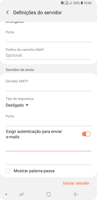 Prima o campo da password e introduza a password do servidor de envio do seu fornecedor de e-mail.