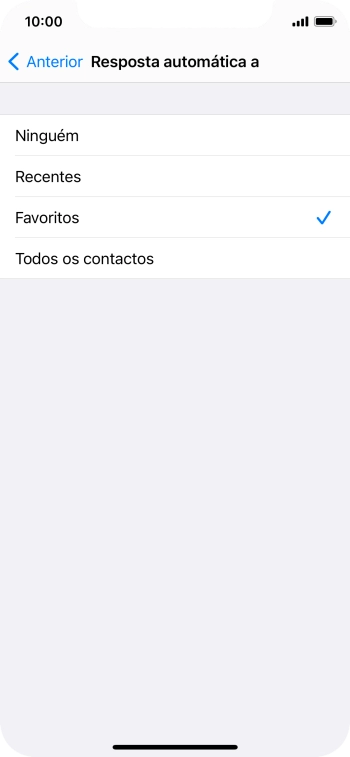Prima a definição pretendida para escolher quais os contactos que serão automaticamente informados que a função 