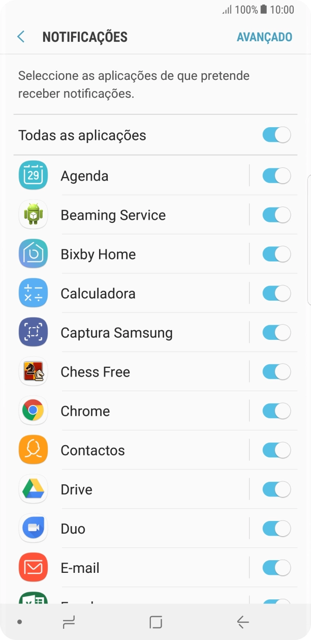 Prima o indicador junto à app pretendida para ativar ou desativar a função.