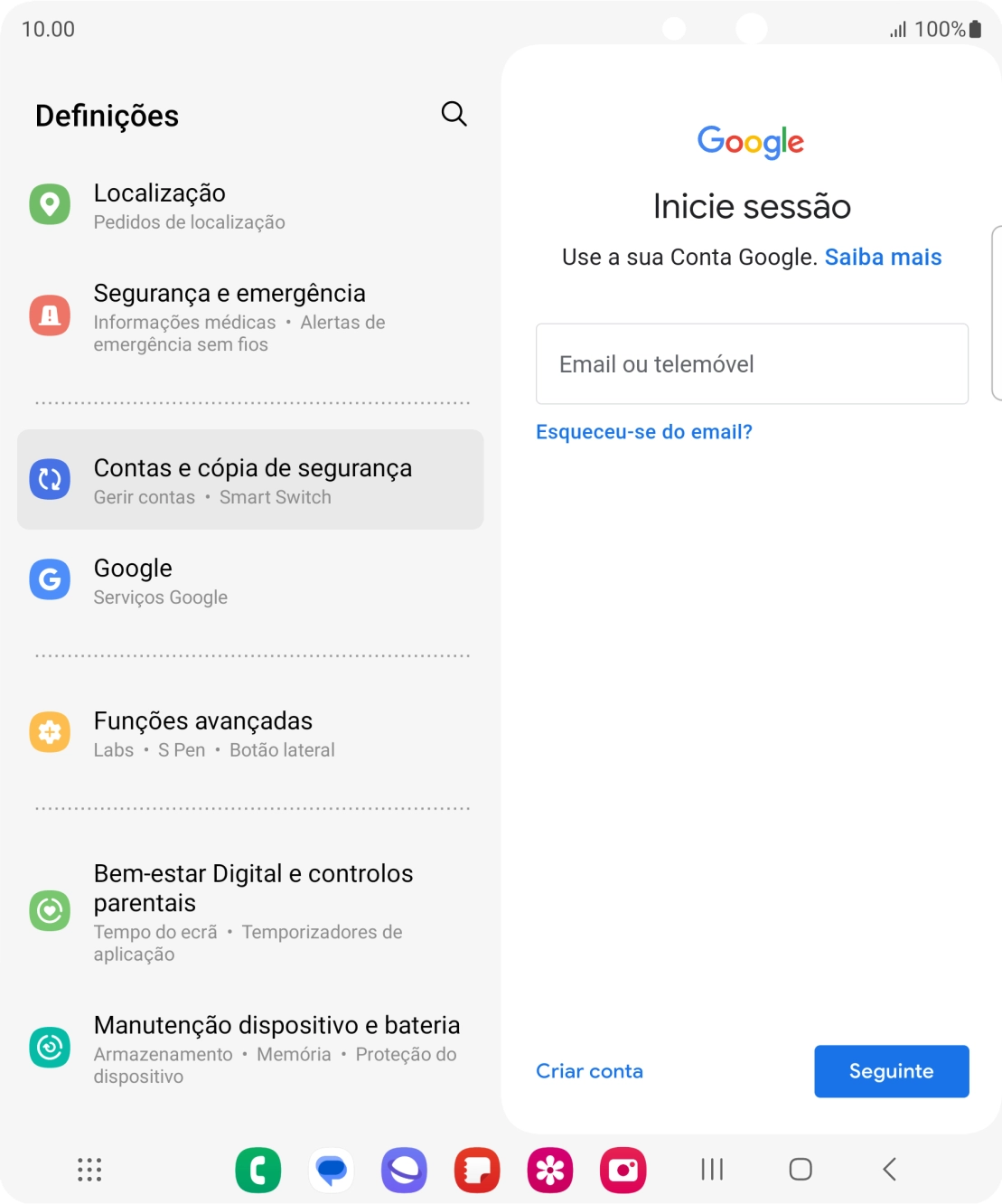 Se não tiver uma conta Google, prima Criar conta e siga as indicações no ecrã para criar uma conta.