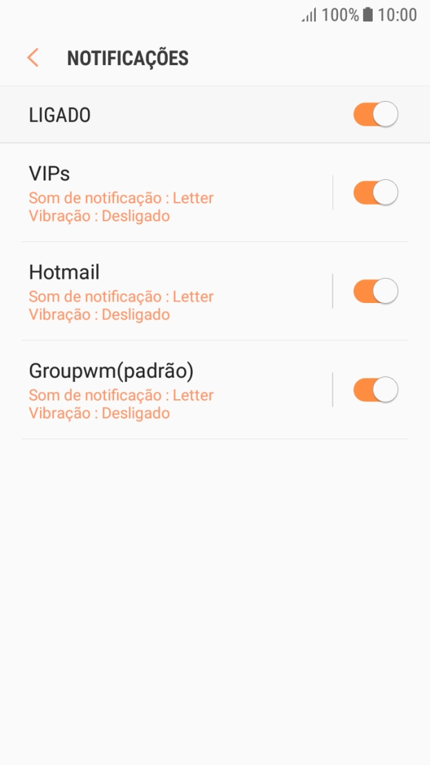 Prima o indicador junto à conta de e-mail pretendida para ativar ou desativar a função.