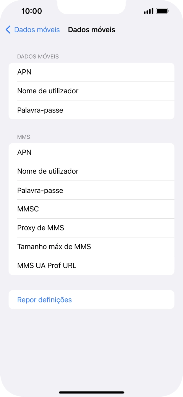 Prima APN e insira net2.vodafone.pt.
