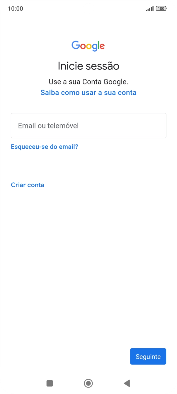 Se não tiver uma conta Google, prima Criar conta e siga as indicações no ecrã para criar uma conta.
