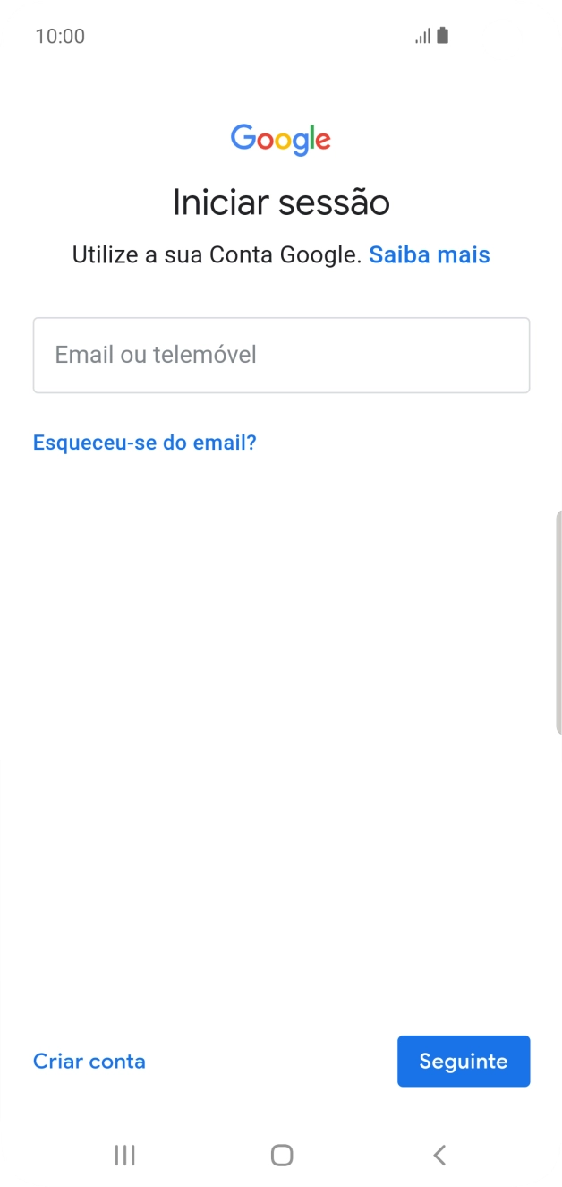 Se não tiver uma conta Google, prima Criar conta e siga as indicações no ecrã para criar uma conta.