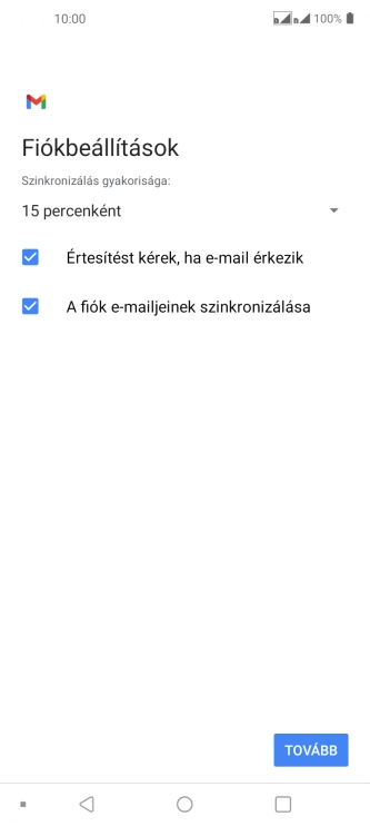 Amennyiben a kijelzőn ez a képernyőkép látható, az e-mail-fiókodat felismerte a rendszer, és automatikusan beállította. Kövesd a képernyőn megjelenő utasításokat  további adatok csatolásához, és fejezd be az új fiók létrehozását.