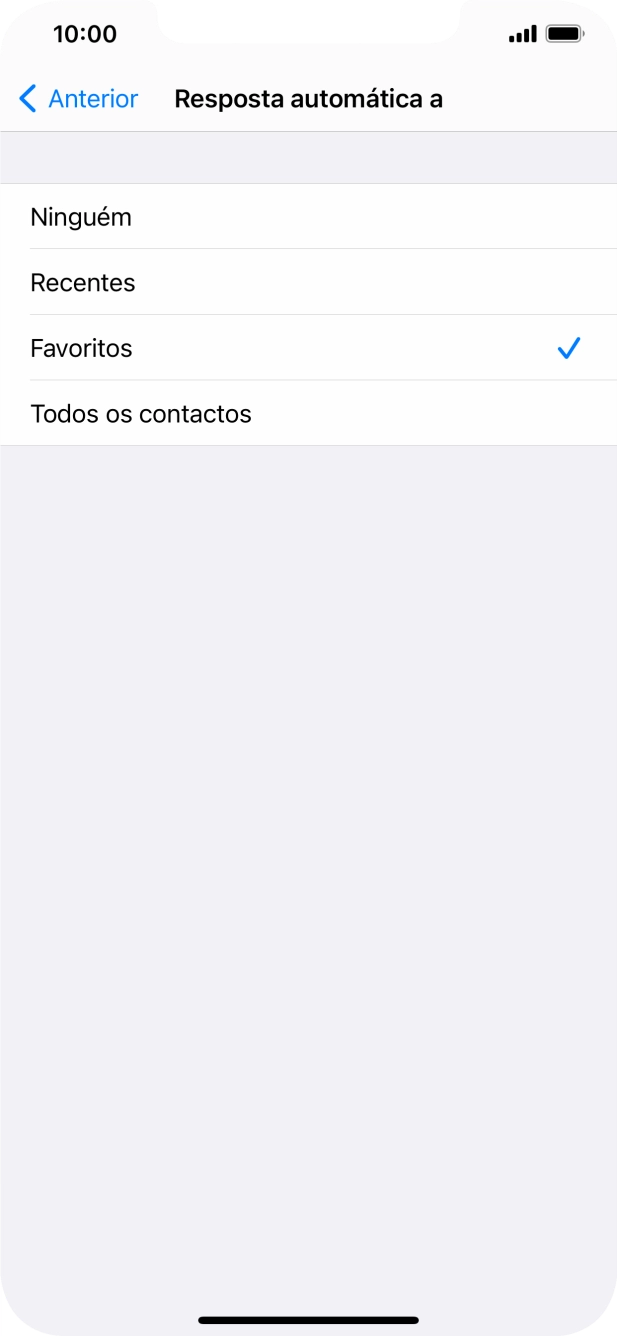 Prima a definição pretendida para escolher quais os contactos que serão automaticamente informados que a função 