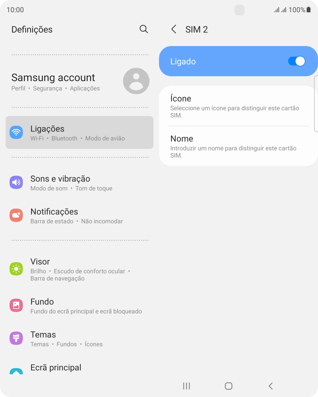 Prima o indicador para ativar ou desativar a utilização do cartão SIM.