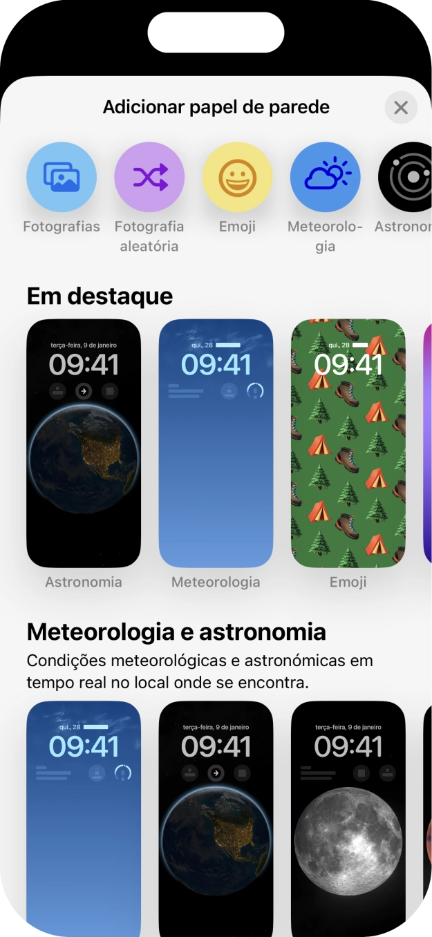 Prima a categoria pretendida e siga as indicações no ecrã para escolher a imagem de fundo pretendida.