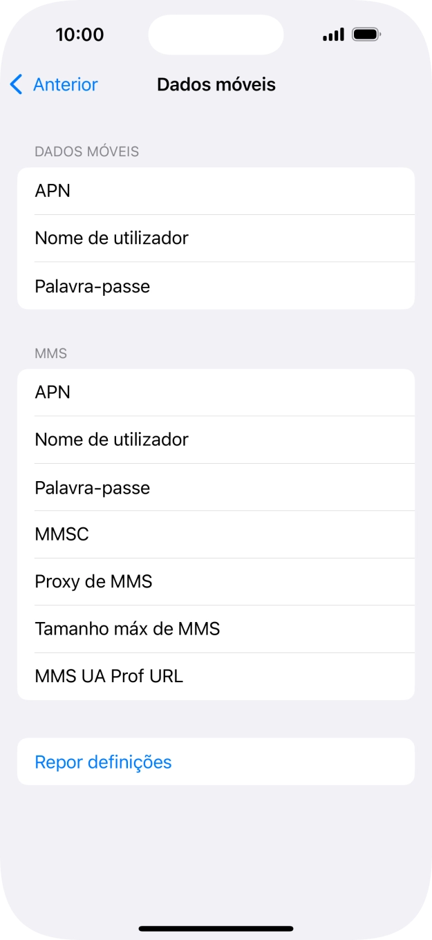Prima APN e insira net2.vodafone.pt.