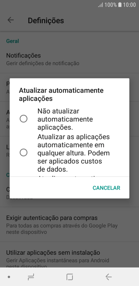 Para desativar a atualização automática de apps, prima Não atualizar automaticamente aplicações..