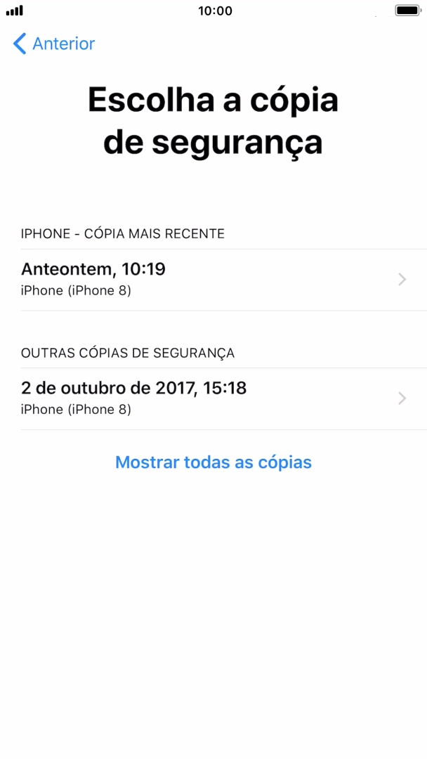 Prima a cópia de segurança pretendida e aguarde enquanto o telefone restaura o conteúdo a partir da cópia de segurança escolhida. Siga as indicações posteriores no ecrã para configurar o telefone de modo que este fique pronto a ser utilizado.