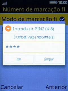Introduza o código PIN2 e prima a tecla esquerda de seleção.