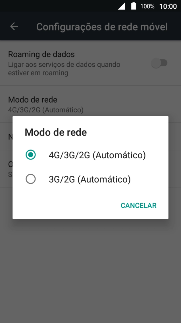 Prima o tipo de rede pretendido.
