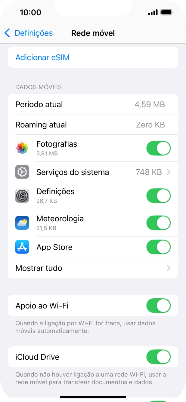 Prima o indicador junto das aplicações pretendidas para ativar ou desativar a função.