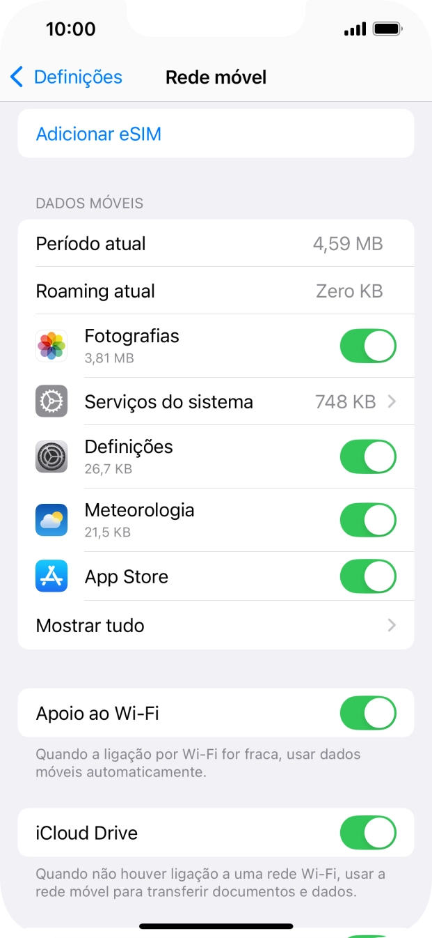 Prima o indicador junto das aplicações pretendidas para ativar ou desativar a função.