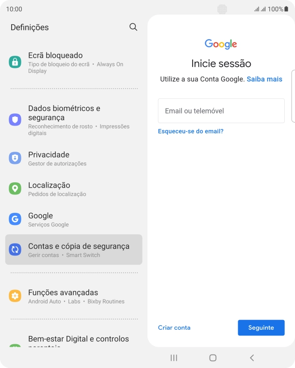 Se não tiver uma conta Google, prima Criar conta e siga as indicações no ecrã para criar uma conta.