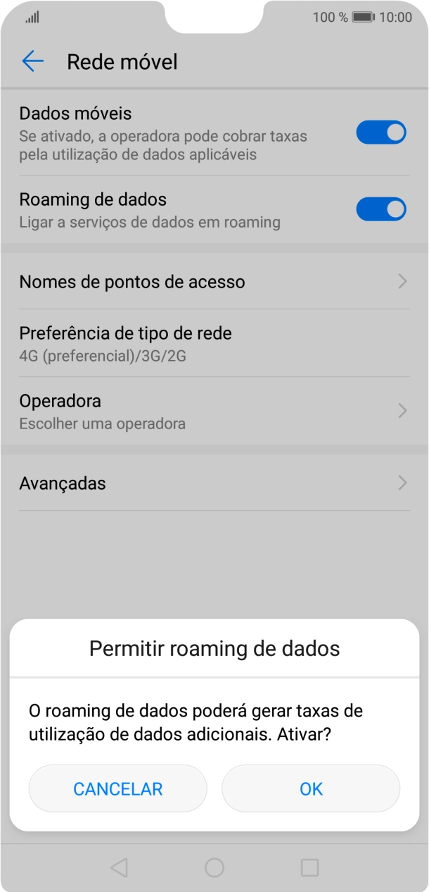 Para ativar o roaming de dados, prima OK.