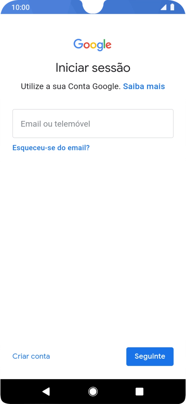 Se não tiver uma conta Google, prima Criar conta e siga as indicações no ecrã para criar uma conta.