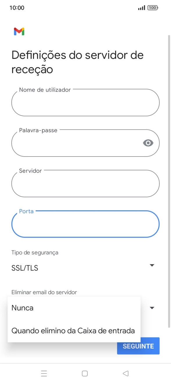 Prima Nunca para manter os e-mails no servidor quando estes são apagados no telefone.