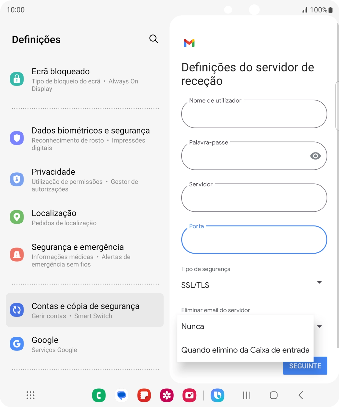 Prima Nunca para manter os e-mails no servidor quando estes são apagados no telefone.