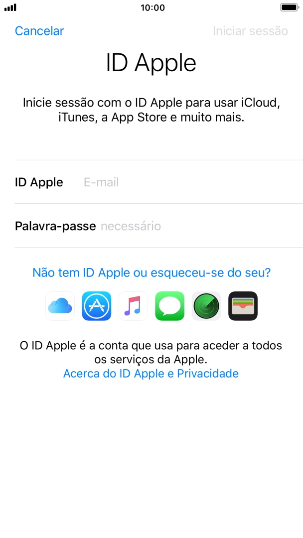 Se não tiver um ID Apple, prima Não tem ID Apple ou esqueceu-se do seu? e siga as indicações no ecrã para criar um ID Apple.
