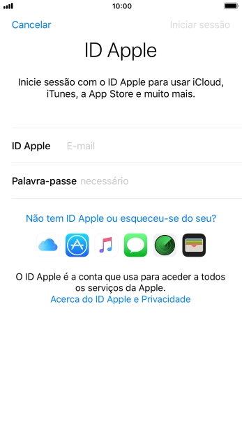 Se não tiver um ID Apple, prima Não tem ID Apple ou esqueceu-se do seu? e siga as indicações no ecrã para criar um ID Apple.