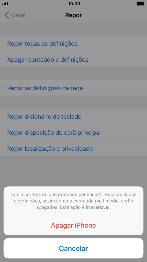 Prima Apagar iPhone. Aguarde um momento enquanto o telefone restabelece as definições originais. Siga as indicações no ecrã para configurar o telefone de modo que este fique pronto a ser utilizado.