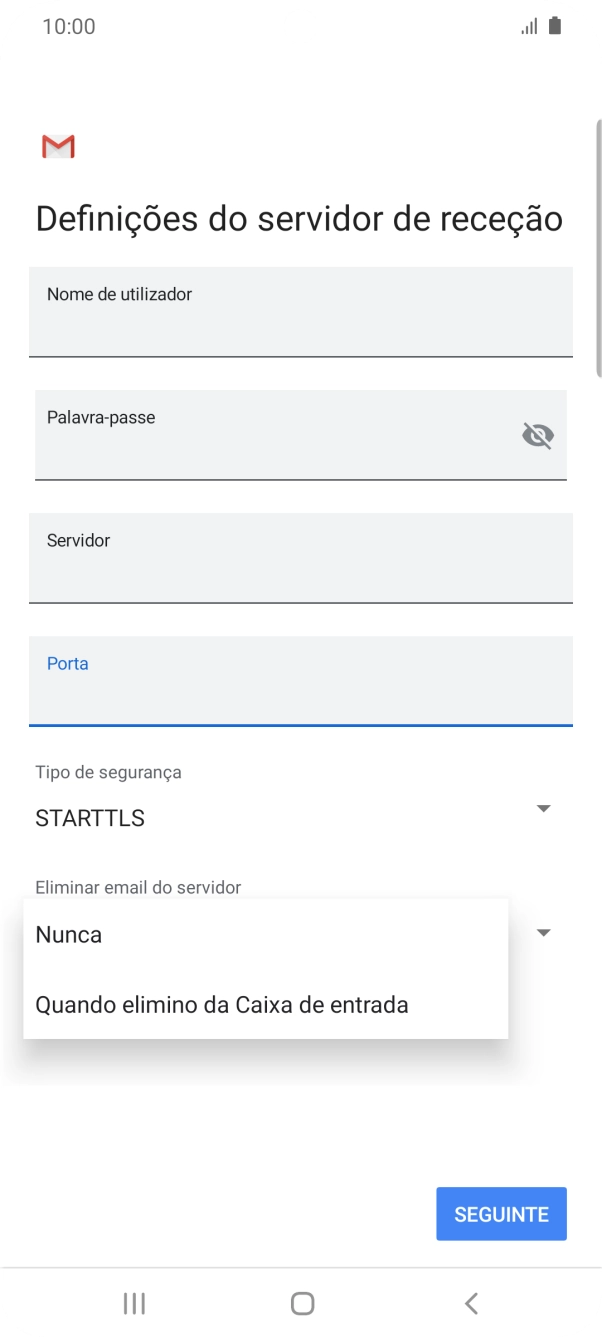 Prima Nunca para manter os e-mails no servidor quando estes são apagados no telefone.