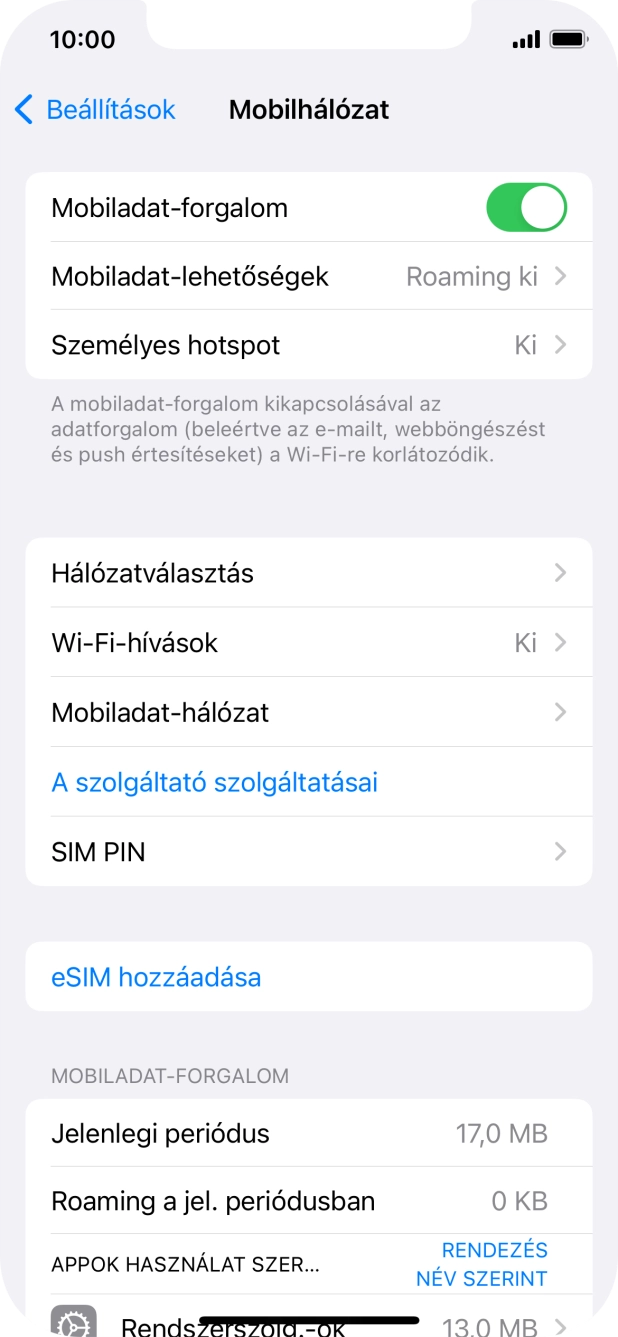 Válaszd a Mobiladat-hálózat lehetőséget.