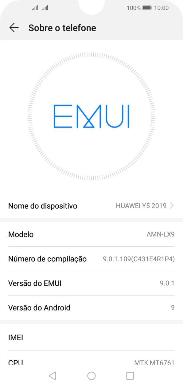 O código IMEI é mostrado no ecrã.