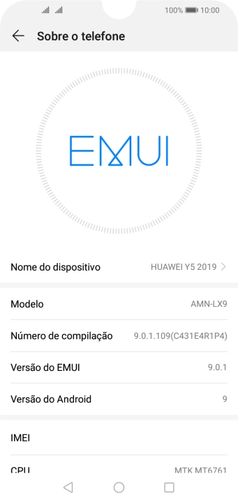 O código IMEI é mostrado no ecrã.