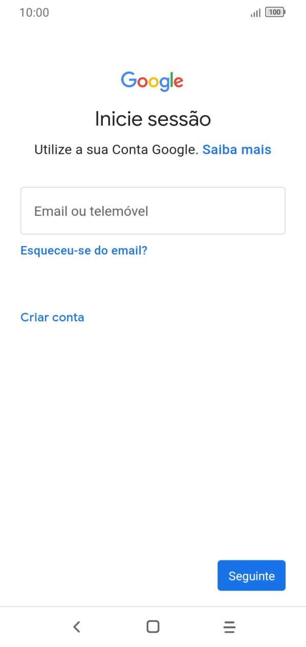 Se não tiver uma conta Google, prima Criar conta e siga as indicações no ecrã para criar uma conta.