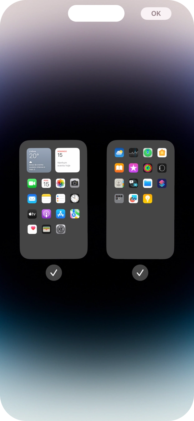 Prima os campos sob as páginas do ecrã inicial pretendidas, para ativar ou desativar a exibição de páginas.