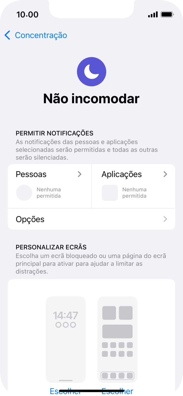 Prima Pessoas e siga as indicações no ecrã para escolher quais os contactos de que pretende receber chamadas e notificações, enquanto a função “Não incomodar” está ativada.