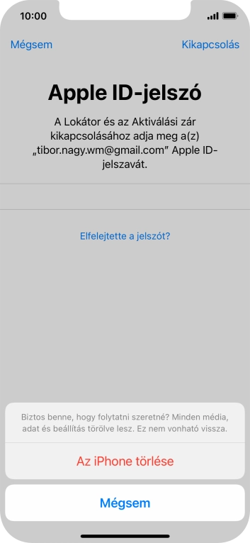 Írd be az Apple ID-hoz tartózó jelszót, és válaszd Az iPhone törlése lehetőséget. Várj egy kicsit, amíg a telefon visszaállítja a gyári beállításokat. A telefon konfigurálásához és ahhoz, hogy üzemkész állapotba hozd, kövesd a képernyőn megjelenő utasításokat.