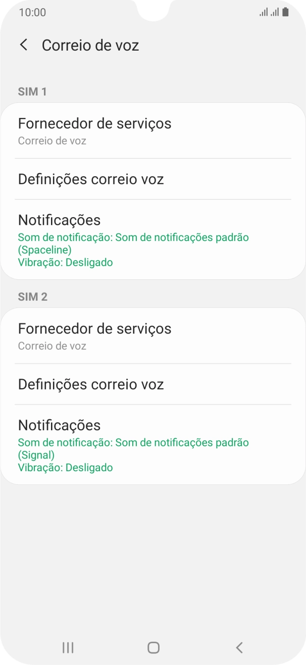 Prima Definições correio voz sob o cartão SIM pretendido.
