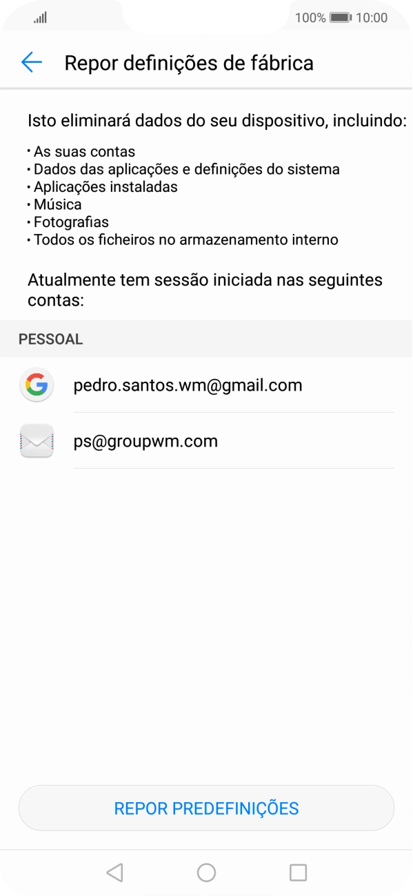 Prima REPOR PREDEFINIÇÕES.