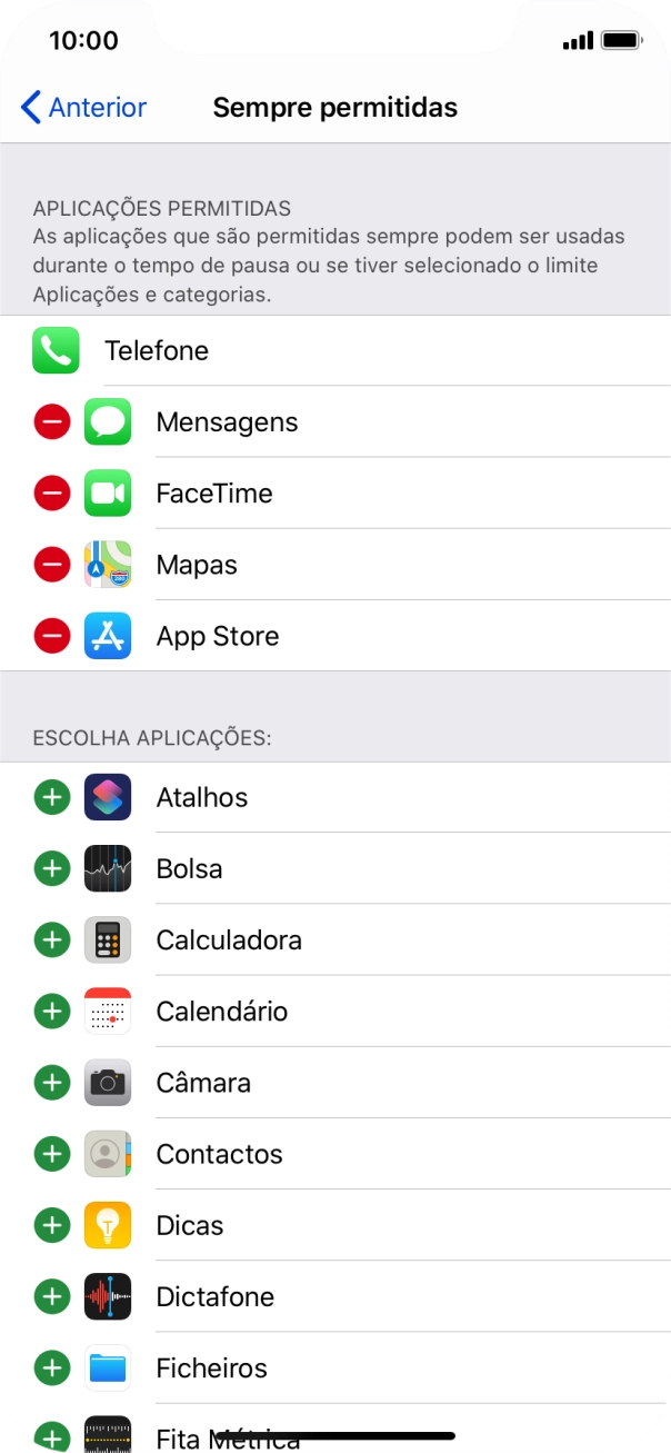 Prima o ícone para remover junto da app pretendida para a remover da lista de apps permitidas durante o Tempo de pausa.