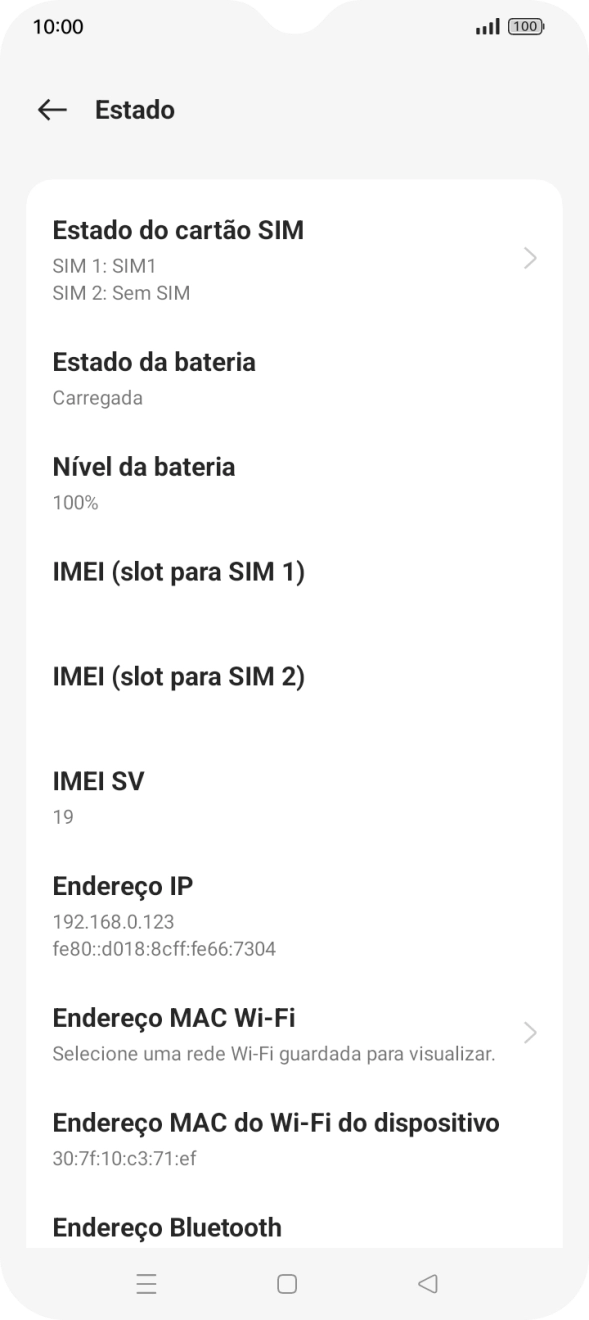 O código IMEI é mostrado no ecrã.
