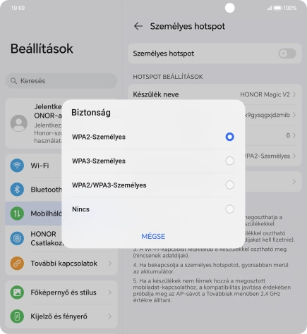 Válaszd a WPA3-Személyes lehetőséget, ha jelszóval szeretnéd védeni a Wi-Fi-hotspotodat.