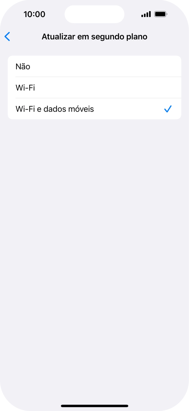 Para desativar a atualização de apps em segundo plano, prima Não.