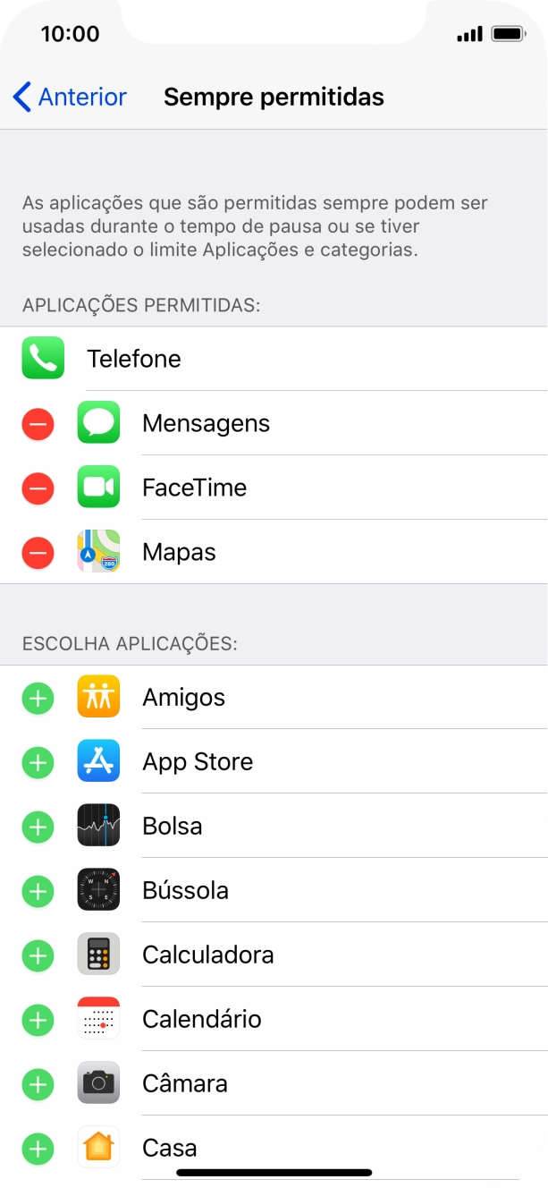 Prima o ícone para adicionar junto da app pretendida para a adicionar à lista de apps permitidas durante o Tempo de pausa.