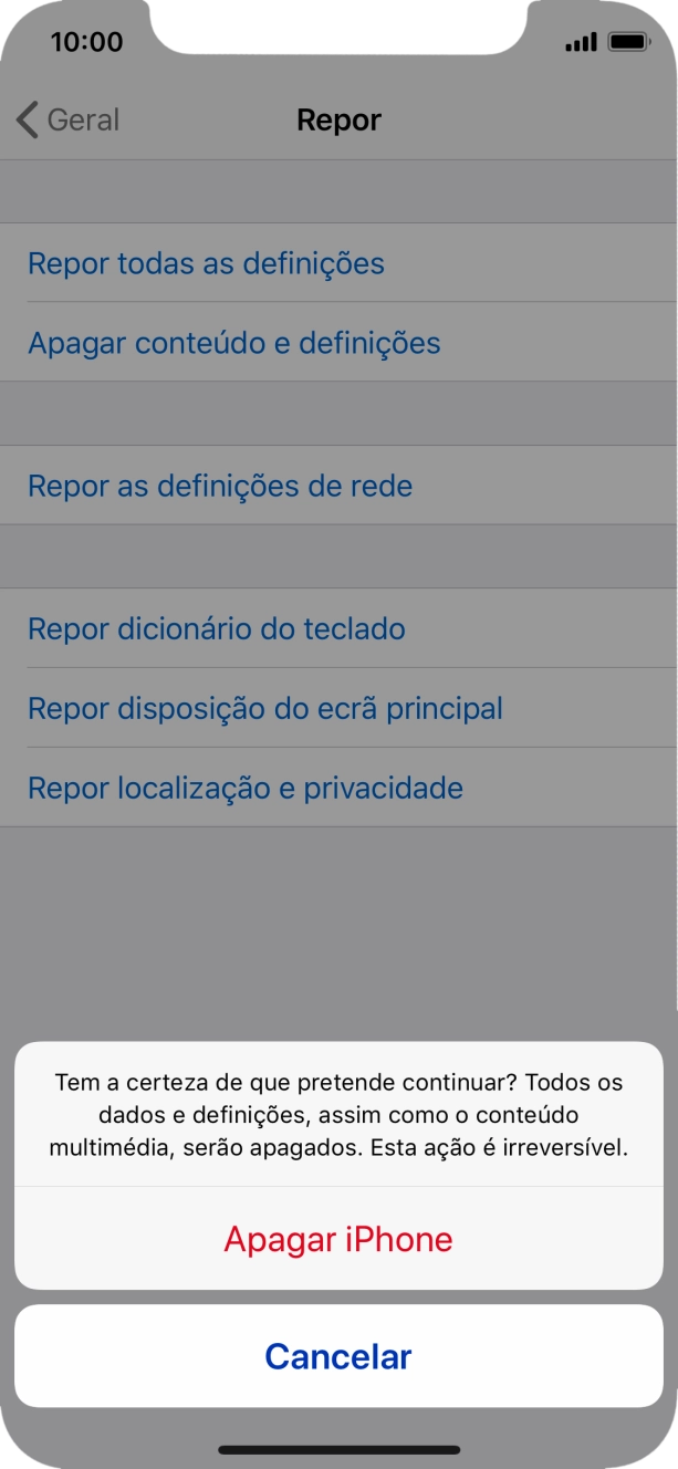 Prima Apagar iPhone. Aguarde um momento enquanto o telefone restabelece as definições originais. Siga as indicações no ecrã para configurar o telefone de modo que este fique pronto a ser utilizado.