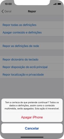 Prima Apagar iPhone. Aguarde um momento enquanto o telefone restabelece as definições originais. Siga as indicações no ecrã para configurar o telefone de modo que este fique pronto a ser utilizado.