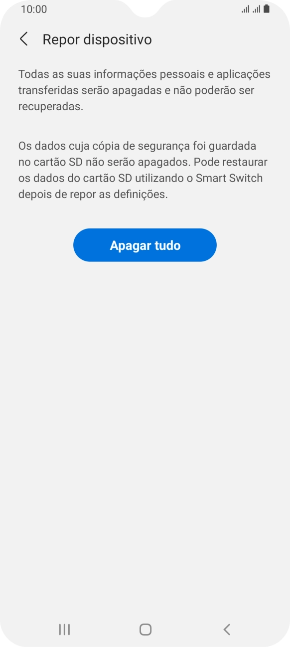 Prima Apagar tudo. Aguarde um momento enquanto o telefone restabelece as definições originais. Siga as indicações no ecrã para configurar o telefone de modo que este fique pronto a ser utilizado.